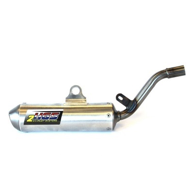 Escape de moto prateado com etiquetas HGS e EXHAUST SYSTEM