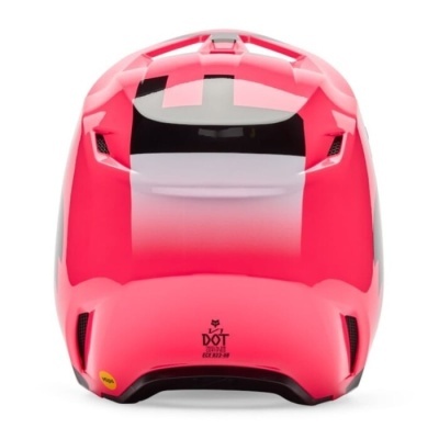 Capacete de moto rosa e branco visto por trás