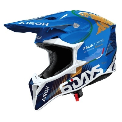 Capacete azul integral para motocross com texto e detalhes coloridos
