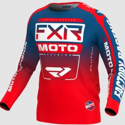 Camisola de motocross azul e vermelha com texto branco FXR MOTO