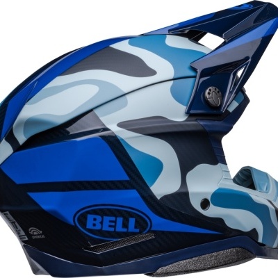 Capacete integral para motocross BELL azul, preto e branco com padrão camuflado