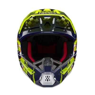 Capacete integral motocross amarelo e azul com interior acolchoado vermelho