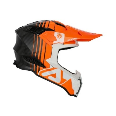 Capacete de motocross laranja, preto e branco com visor e padrão listrado