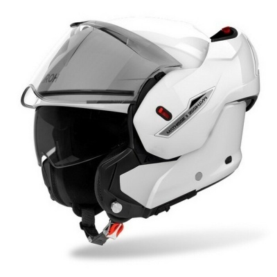 Capacete de motociclista branco com viseira fumada e interior acolchoado preto