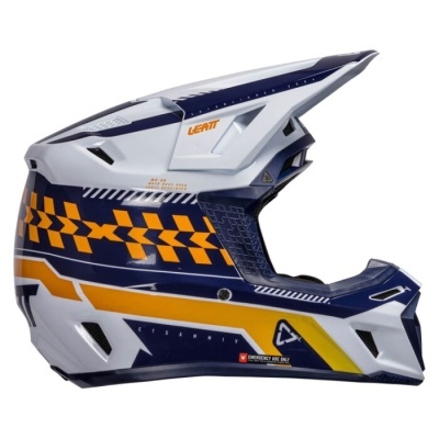 Capacete integral de motocross branco, azul e laranja com texto LEATT e decoração geométrica