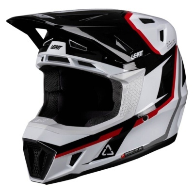 Capacete integral motocross preto, branco e vermelho com visor angular e ventilação