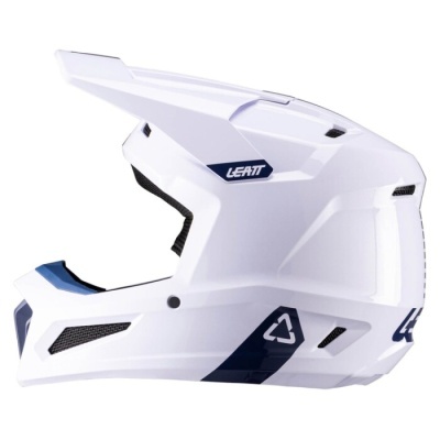 Capacete integral branco com detalhes em azul escuro e logótipo LEATT
