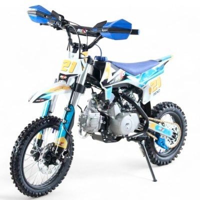 Mota motocross infantil azul com número 21 e detalhes em amarelo e preto