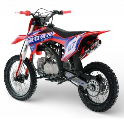 Motocross vermelha e azul com número 27 e detalhes em preto