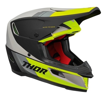 Capacete de motocross cinzento, amarelo e preto com interior vermelho