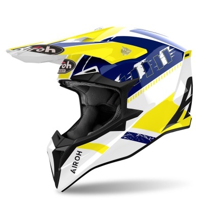 Capacete de motocross com design amarelo, azul e branco e texto AIROH