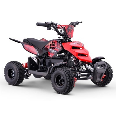 Quadriciclo elétrico infantil vermelho e preto com pneus grossos e gráficos