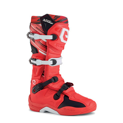Bota de motocross vermelha com fechos ajustáveis