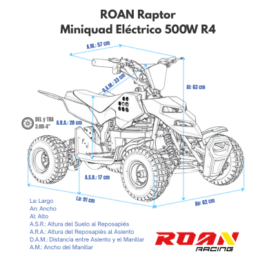Desenho técnico de um miniquad elétrico ROAN Raptor 500W R4 com dimensões e legenda
