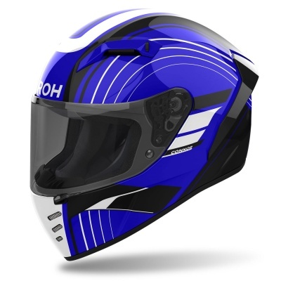 Capacete integral azul, branco e preto com visor transparente e o texto AIROH