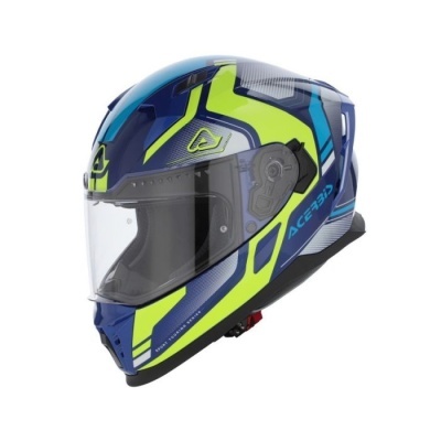 Capacete integral azul e amarelo com viseira transparente e texto ACERBIS