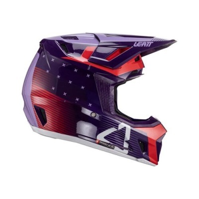 Capacete integral de motocross roxo, vermelho e cinza da marca LEATT