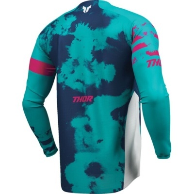 Camisola desportiva azul turquesa e azul escuro com texto THOR rosa.