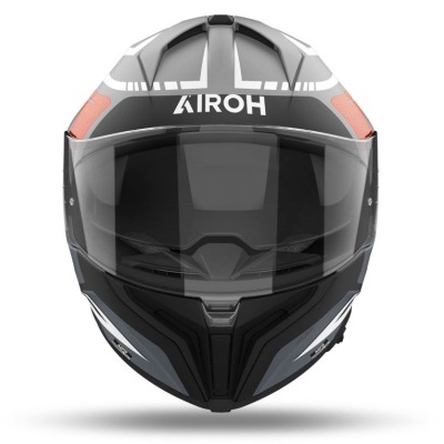 Capacete integral preto, cinza e laranja com viseira transparente da marca AIROH