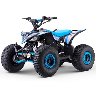 Quad eléctrico infantil azul, branco e preto com pneus grossos e assento azul