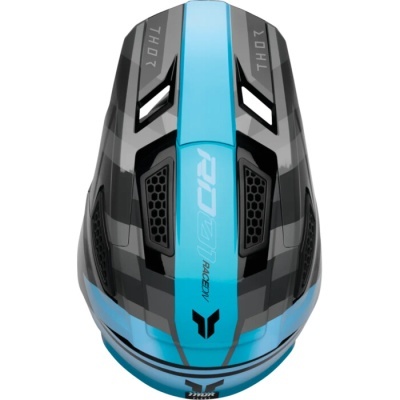 Capacete azul e cinza com ventilação e texto Thor e Raceday