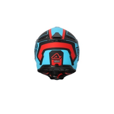 Capacete de motociclista azul, vermelho e preto visto de trás