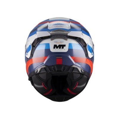Capacete integral azul, branco e vermelho para motociclista com interior acolchoado
