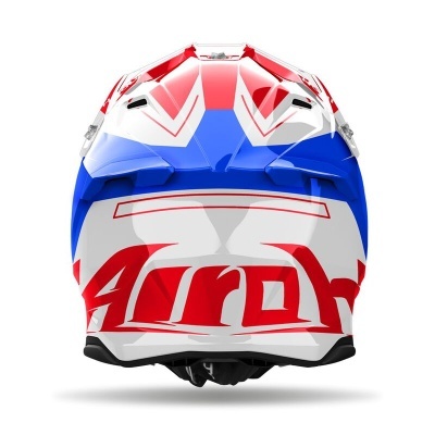 Capacete integral para motociclismo azul, vermelho e branco com texto Airoh vermelho