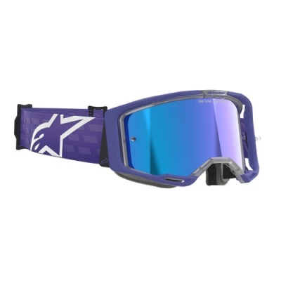 Óculos de proteção para motocross com lente espelhada azul e faixa roxa com logótipo branco