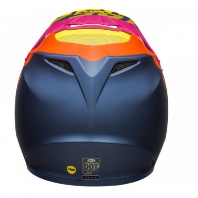 Capacete de motocross azul escuro com detalhes em laranja e amarelo visto de trás