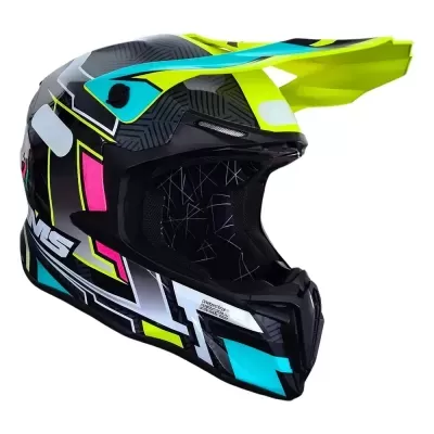 Capacete de motocross preto com detalhes coloridos fluorescentes e viseira amarela