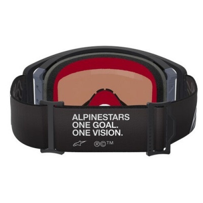 Óculos de proteção com lente castanho avermelhada e faixa preta com texto branco ALPINESTARS
