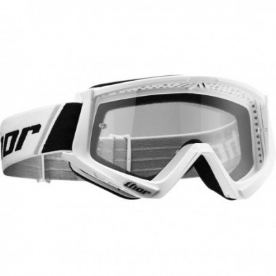 Óculos de proteção desportivos brancos com lente transparente e banda elástica com texto 'thor'