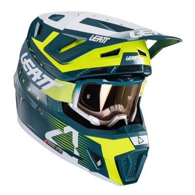 capacete integral motocross verde escuro verde limão branco preto com óculos integrados e viseira