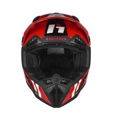Capacete integral vermelho preto branco com logótipo HEBO