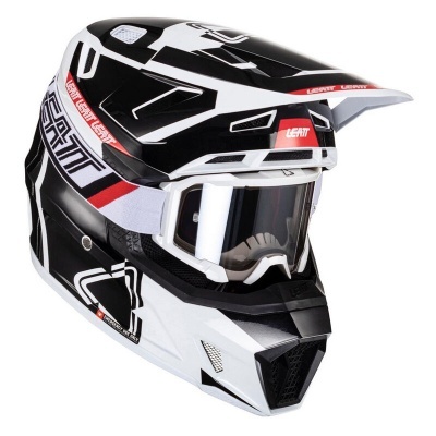 Capacete integral motocross preto, branco e vermelho com viseira e óculos integrados.