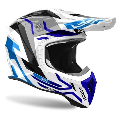 Capacete integral motocross branco, azul e preto com texto AIROH