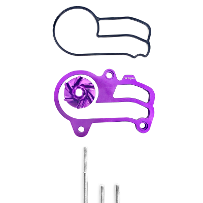 Peças metálicas como rotor roxo, mola preta curva e parafusos prateados em fundo branco