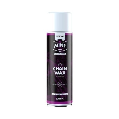 Lata spray Oxford Mint Chain Wax preta e roxa com tampa branca