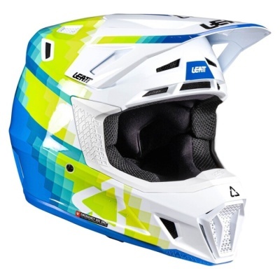 capacete integral motocross branco com padrões verdes e azuis