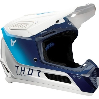 Capacete integral motocross azul e branco com texto THOR e USA/CA
