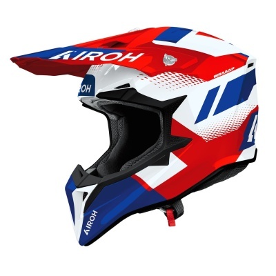 capacete de motocross AIROH vermelho, branco e azul