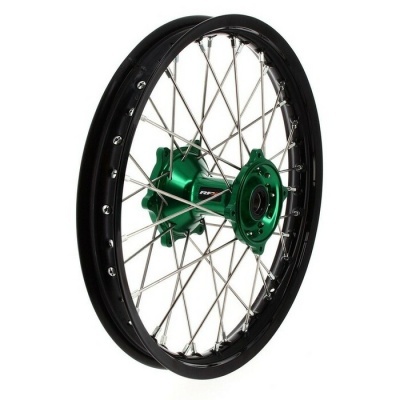 Roda de bicicleta preta com cubo verde e raios metálicos
