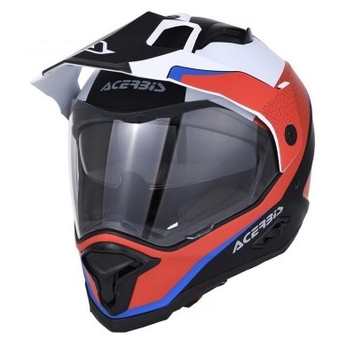 Capacete integral branco, vermelho, azul e preto com viseira e texto ACERBIS