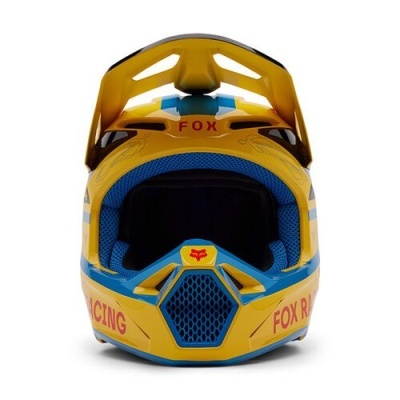 Capacete integral amarelo com detalhes azuis e vermelhos FOX RACING