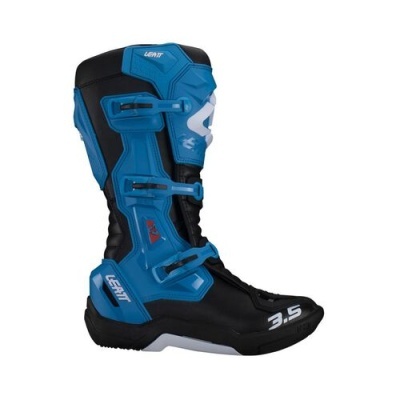 Bota motocross azul e preta com fivelas ajustáveis e texto LEATT 3.5