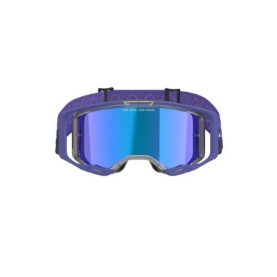 Óculos de proteção desportiva com lente azul espelhada e correia roxa