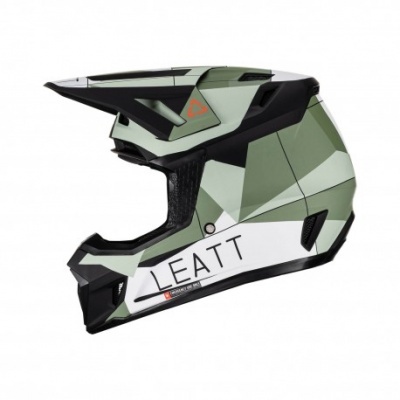 Capacete integral de motocross verde e preto com texto LEATT