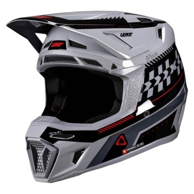 capacete motocross preto branco cinzento com padrões xadrez e detalhes vermelhos