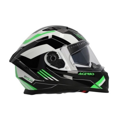 capacete integral preto branco verde com visor transparente e texto ACERBIS